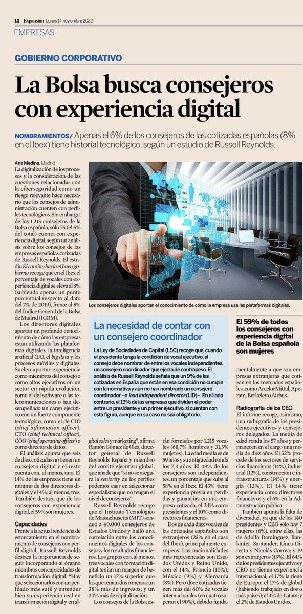 Interesante artículo sobre los consejeros independientes en las empresas cotizadas. A más expertos (de verdad) en conocimientos digitales mayores beneficios y mejor cotización. Yo a veces me entretengo en mirar los consejeros de las grandes empresas en 🇪🇸 y … ni os cuento 🤣🤪😜
