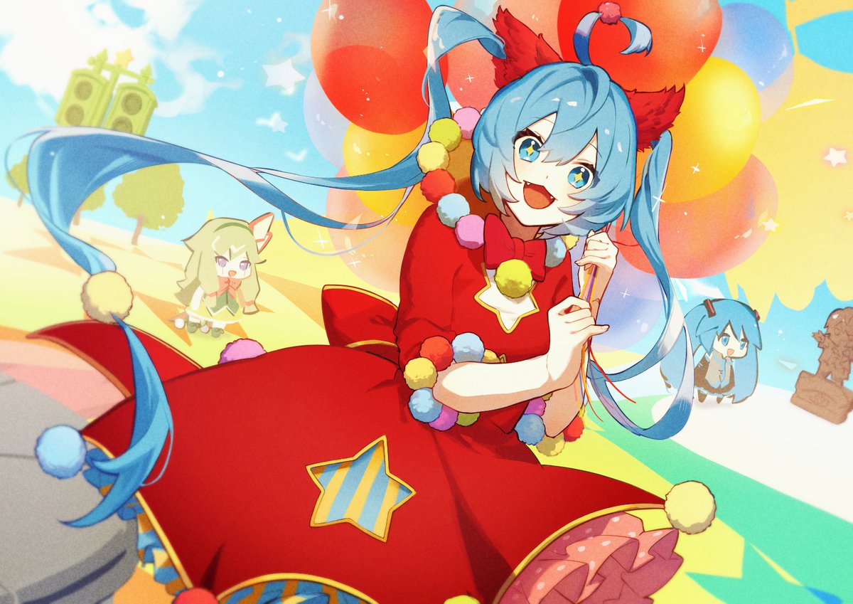 hatsune miku clothing cutout twintails red dress dress balloon pom pom hair ornament long hair  illustration images