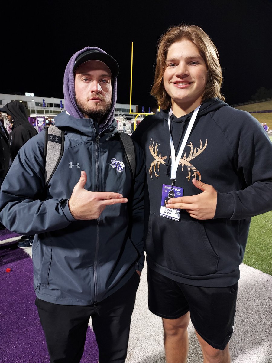 GunnerJohn05's tweet photo. A big thank you to @CoachFaske @Coach_RogersSFA @CoachCarthel @SFA_Football for the invite this past Saturday. Honored to attend. Hospitality was amazing.
Looking forward to where this leads.
@MarcusFootball @RecruitMarcusFB  @atkinson_kevin 
 #AxeEm #ProtectTheM https://t.co/BhAC721B3S