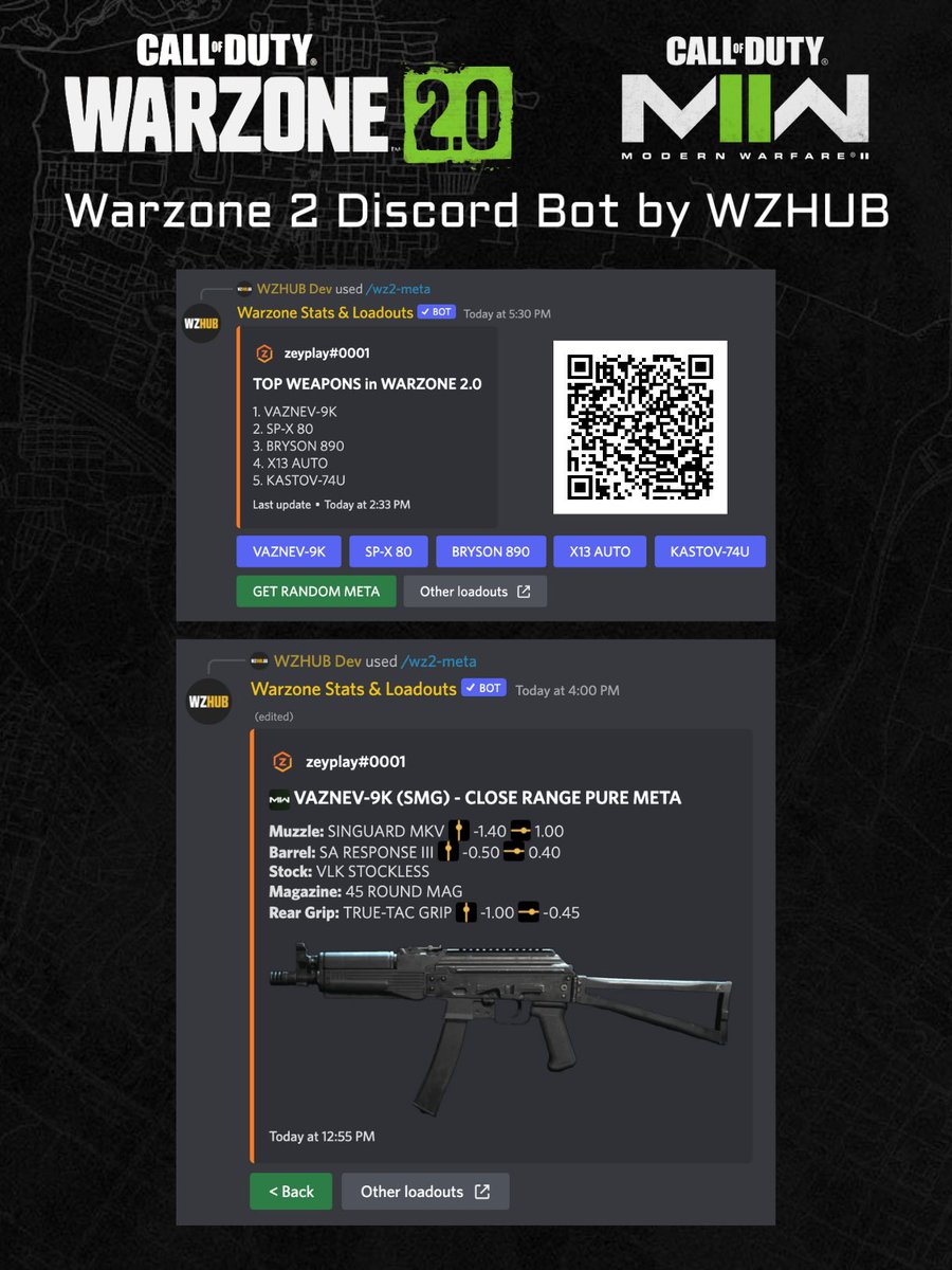 WZHUB┃Loadouts┃Zombies Map┃DMZ Map┃Community on X: 🤖First ever Discord  bot with Warzone 2.0 support🤖 Available now for 1300+ servers: 🔫 Warzone  2.0 META Loadouts with attachment Tuning 🎛 #MW2 builds with attachment  Tuning