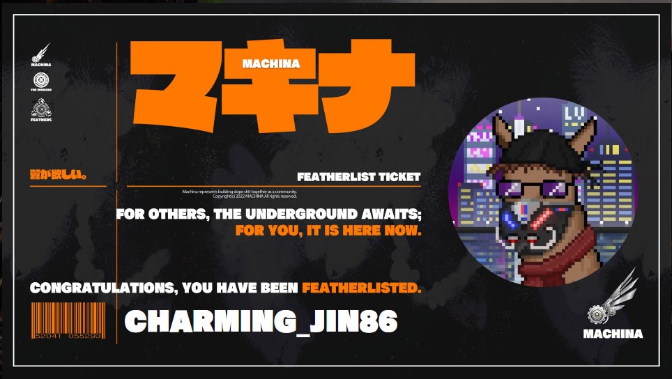 charming_jin86's tweet photo. Mama ! I made it ! shhhhhhh !!!
I am so proud to be Featherlist !!
I won't let you down @Machina_NFT !! 🫡🫡 https://t.co/rWyjxOxb2I