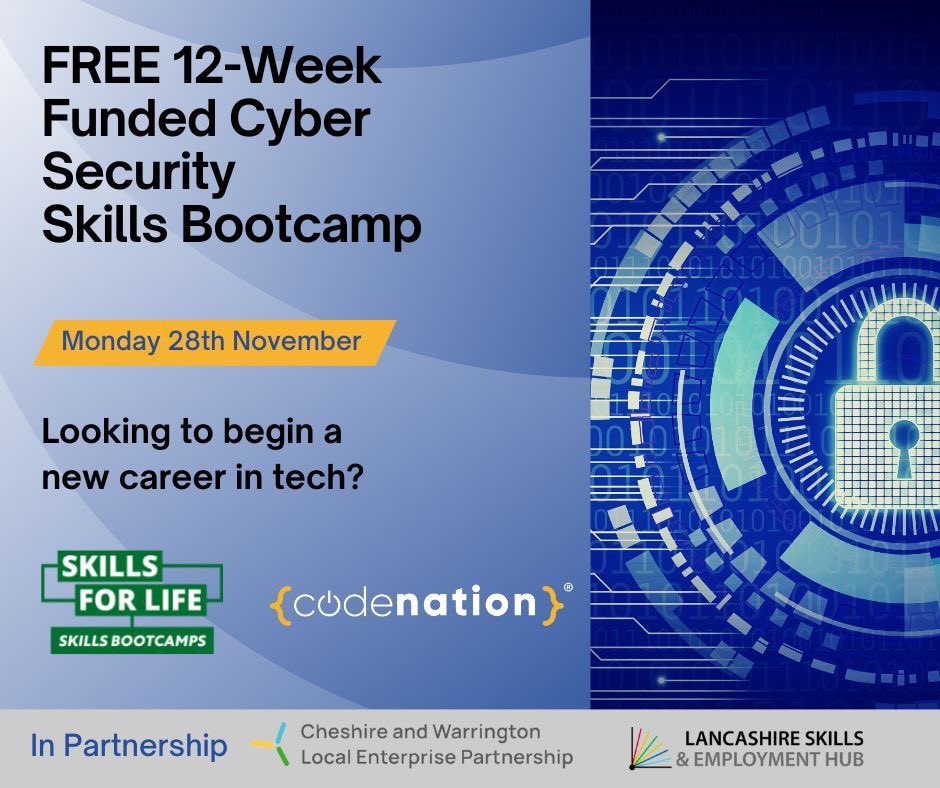wearecodenation's tweet photo. Join our 12-week Full-Time Cyber Security Skills Bootcamp available for residents living in Cheshire &amp; Warrington and Lancashire on the 28th of November🔐

We guarantee an interview with a hiring employer once you complete the course! 
 
Apply now
📧Admissions@wearecodenation.com https://t.co/Ygr5Py0mV1