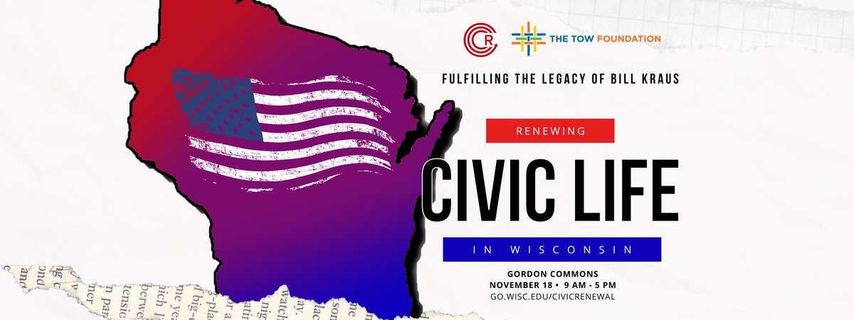 Agenda: 9am: welcome from @uwcccr & the Kraus family. Then, we turn to evidence about the state of civil society in Wisconsin from me, @dvshah & @uwcccr. Scholarly talks from @dfreelon @dannagal @ylelkes @danikathleen & Beth Theiss-Morse starting at 10:15. Mod’d by @dvshah 3/