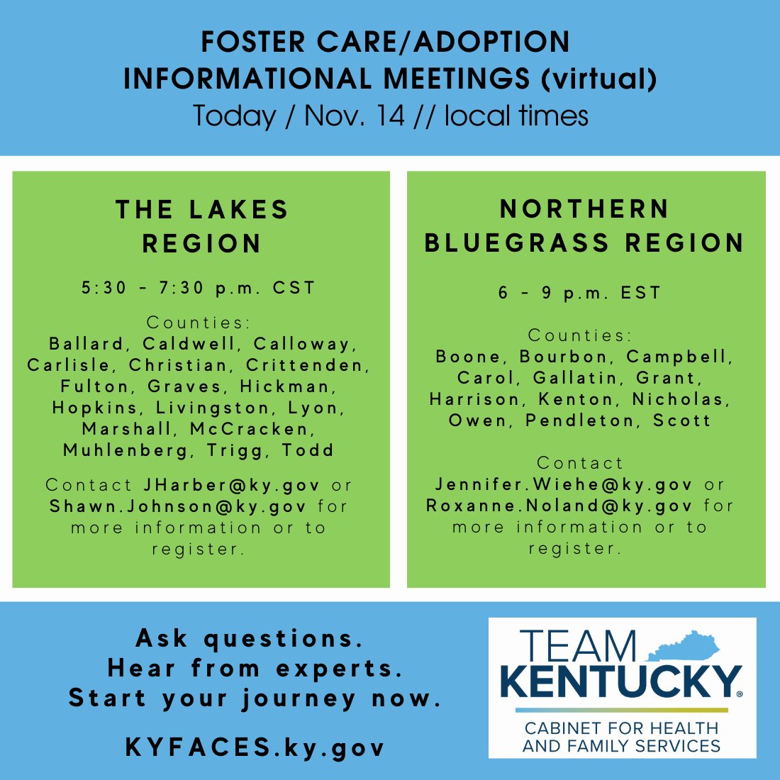 KyDCBS's tweet photo. Families in our Northern Bluegrass and The Lakes regions have the chance tonight to learn about foster care & adoption. Register now! Check counties list and contact the expert listed. It’s the first step of an amazing journey! #fosterky #adoptky #NAM2022 #NorthernBlue #TheLakes https://t.co/8r0iCuZr6b