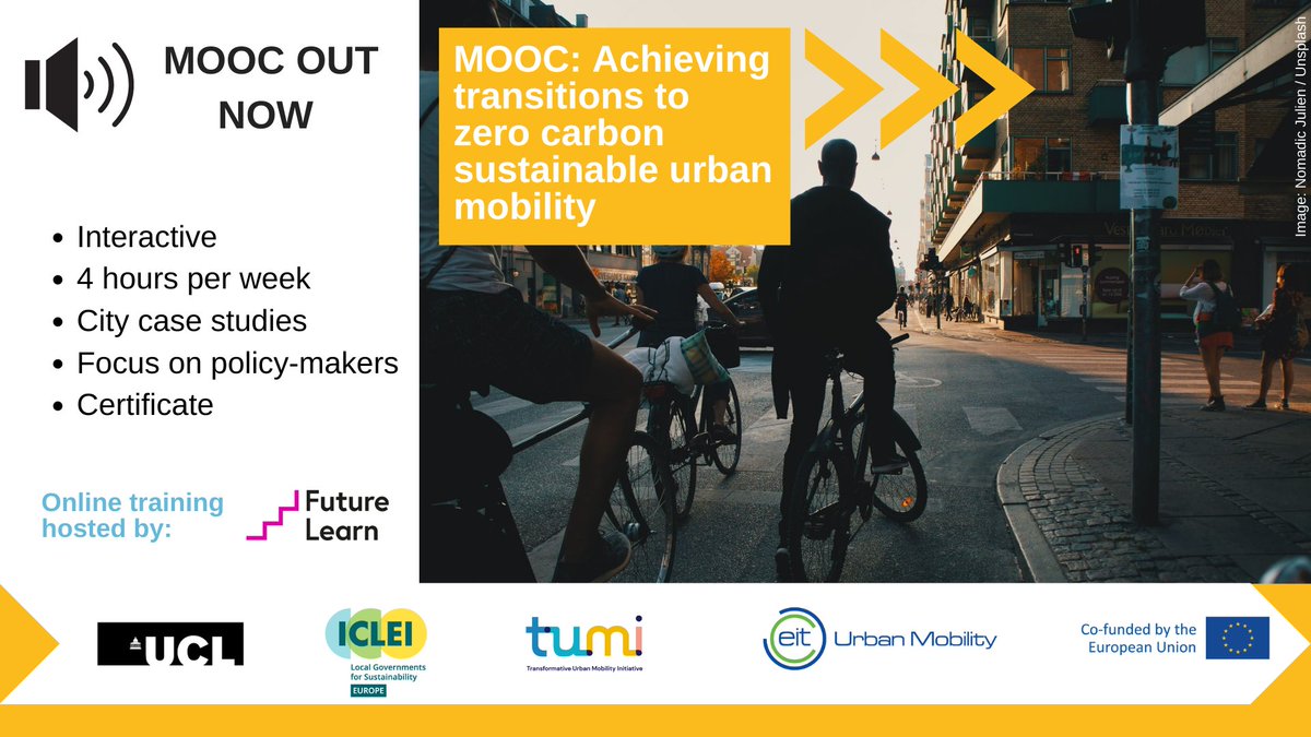 Transport@UCL (@uclti) on Twitter photo Interested in policy-making, governance & planning issues related to #transitions to #sustainable urban #mobility ? You can still join our online course with mobility experts from @UCL, TUMI, ICLEI Europe & beyond 🚴🚌
Sign up: futurelearn.com/courses/achiev…
 
Round two starts soon Interested in policy-making, governance & planning issues related to #transitions to #sustainable urban #mobility ? You can still join our online course with mobility experts from @UCL, TUMI, ICLEI Europe & beyond 🚴🚌
Sign up: futurelearn.com/courses/achiev…
 
Round two starts soon