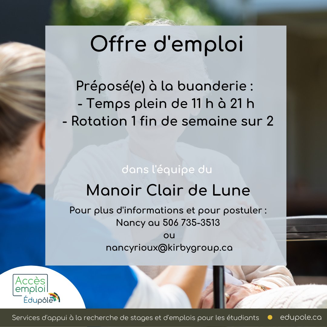 [Offre d'emploi]
Préposé(e) à la buanderie
Manoir Clair de Lune
#emploinb #edmundston #préposé #buanderie