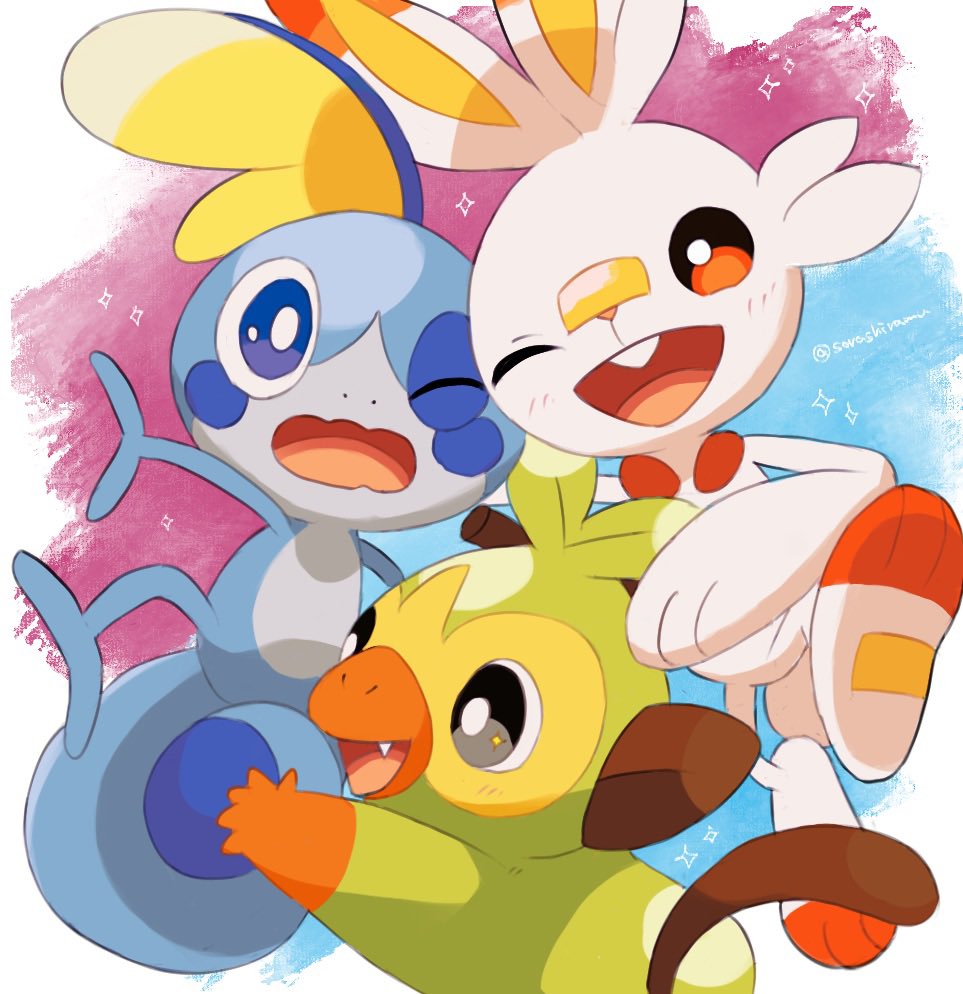 grookey ,scorbunny ,sobble open mouth pokemon (creature) no humans one eye closed tongue blue eyes bright pupils  illustration images