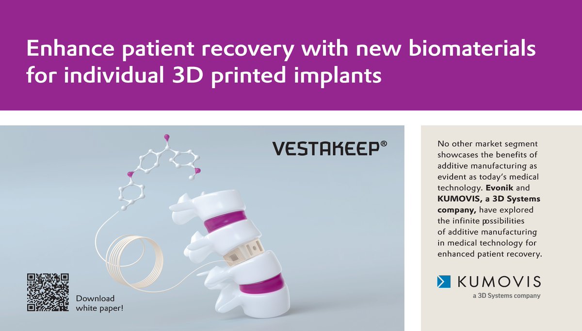 Evonik has teamed up with KUMOVIS, a 3D Systems company, in making VESTAKEEP® Fusion filaments, a high-performance biomaterial for medical #3Dprinting. VESTAKEEP® can enable better patient recovery and faster bone healing.  Access our new whitepaper: ow.ly/KMWl50LBvqo