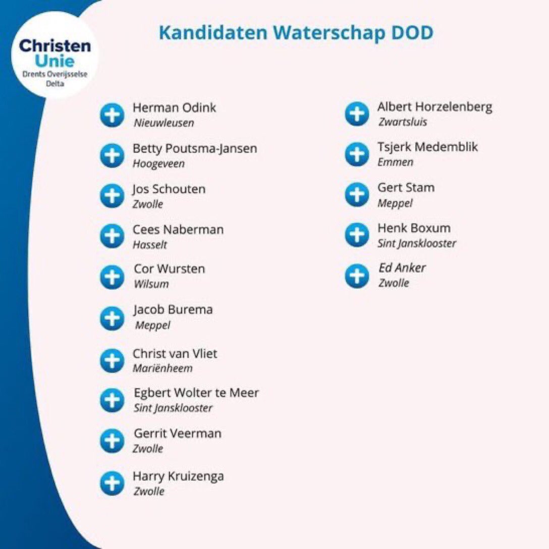 Als ChristenUnie fractie in bestuur van <a href="/WDODelta/">Waterschap Drents Overijsselse Delta</a> zijn wij er trots op u de kandidatenlijst 👇te presenteren voor de komende #waterschapsverkiezingen. Er is een TOP lijst samengesteld!
