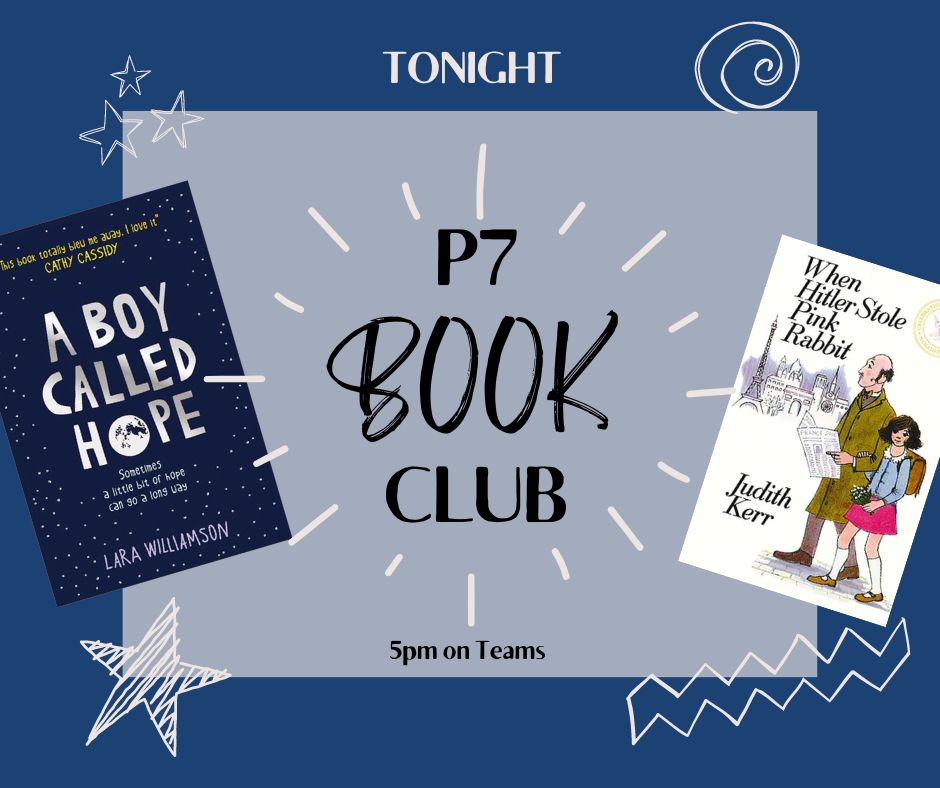 Calling all P7s 🔈
Many of you have made a fantastic start with our reading challenge! Tonight we are holding a Book Club session on Teams at 5pm, come along and tell us about some of the books you've been reading! 📚