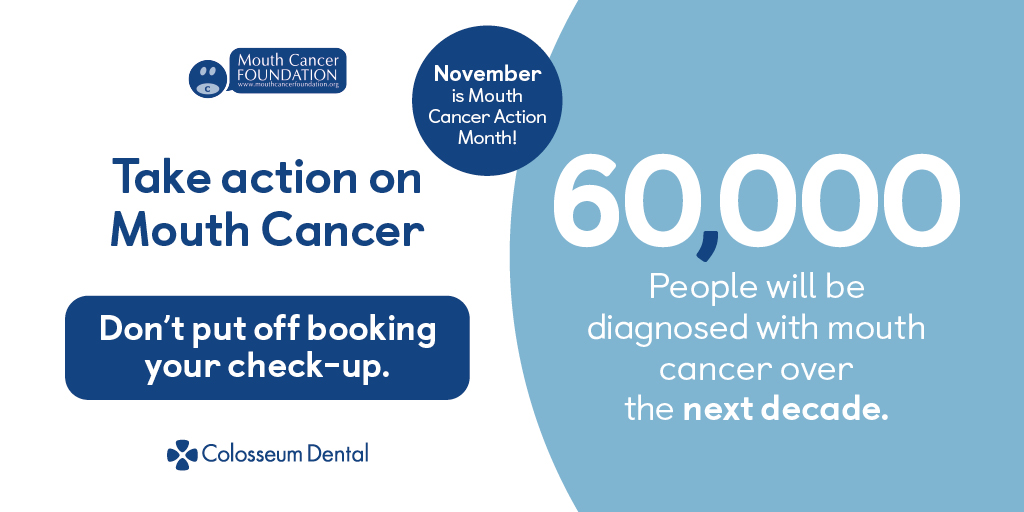 60,000 people will be diagnosed with mouth cancer over the next decade. Take action on Mouth Cancer. Don't put off booking your check-up. Head to colosseumdental.co.uk/mouth-cancer-a… to find out more 💙 #ColosseumDental #WeCareMore #MouthCancerAwarenessMonth