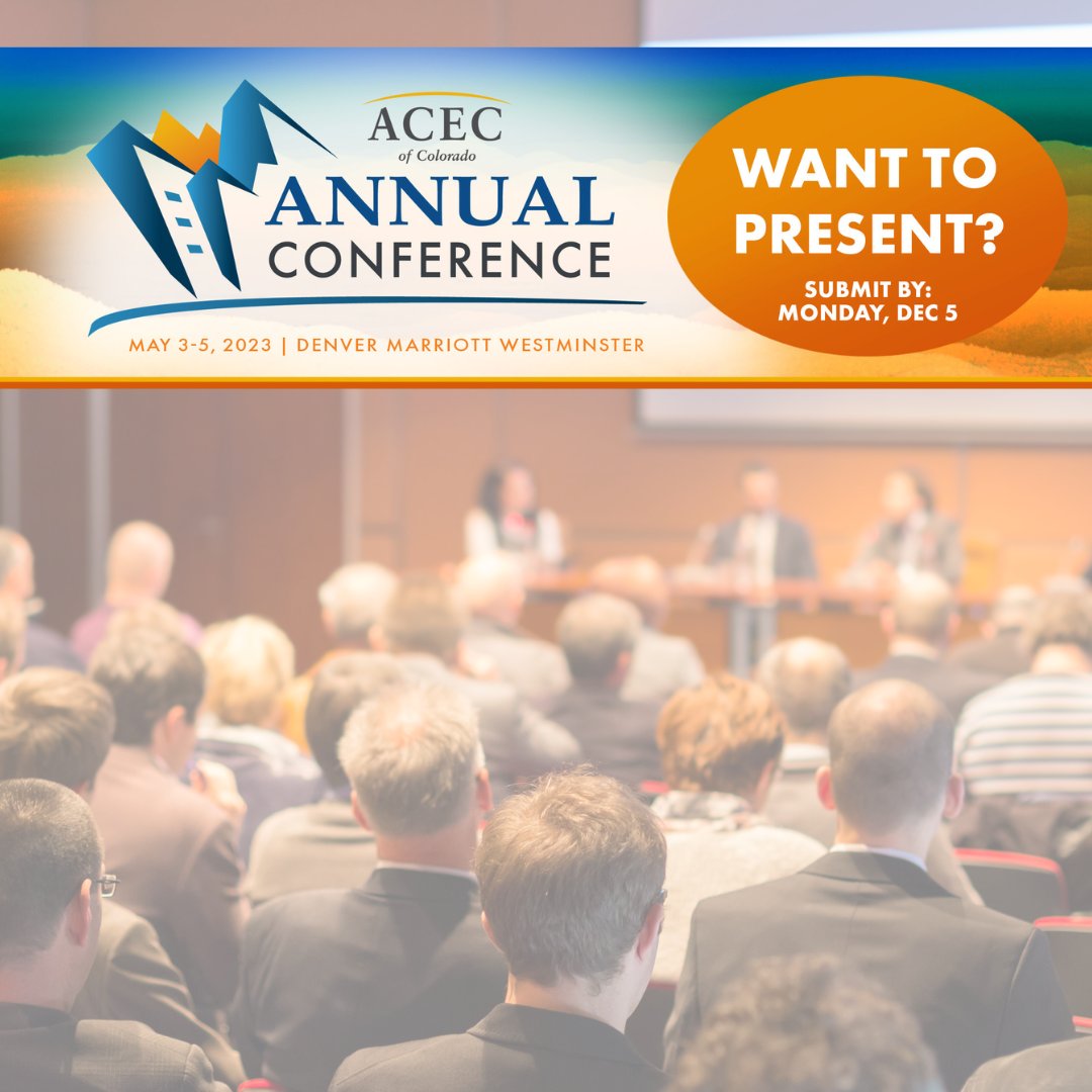 ACEC Colorado (@acec_co) on Twitter photo Call for Presentations is now open for <a href="/ACEC_CO/">ACEC Colorado</a> 2023 Annual Conference, May 3-5, 2023. Do you have an idea for a presentation? Submit by Dec. 5 to be considered ow.ly/Zl4c50Lr7Rc
Watch 2022 conference videos ow.ly/9XGA50Lr7Ra Call for Presentations is now open for <a href="/ACEC_CO/">ACEC Colorado</a> 2023 Annual Conference, May 3-5, 2023. Do you have an idea for a presentation? Submit by Dec. 5 to be considered ow.ly/Zl4c50Lr7Rc
Watch 2022 conference videos ow.ly/9XGA50Lr7Ra