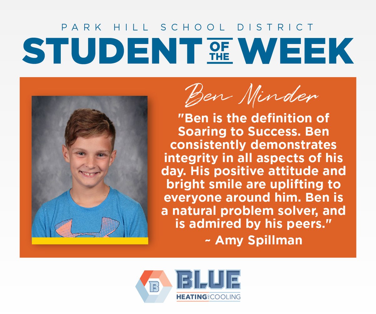 ParkHillSchools's tweet photo. Our student of the week is @HopewellHawks student Ben Minder. He was recognized by his teacher, Amy Spillman. #ParkHillProud
This Student of the Week is sponsored by Blue Heating and Cooling. https://t.co/bgOY2n6kJH