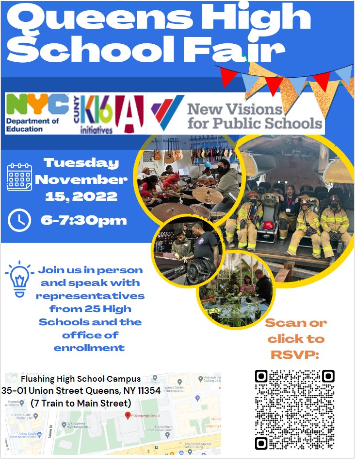 NVHS_District's tweet photo. Our Superintendencies have the honor of working with many AMAZING schools, all with exceptional offerings that we’re excited to share with the city. Please join us at tomorrow, 11/15, at the Flushing HS Campus, 
6:00 - 7:30pm for our Queen HS fair! https://t.co/uw1VHQIiwn
