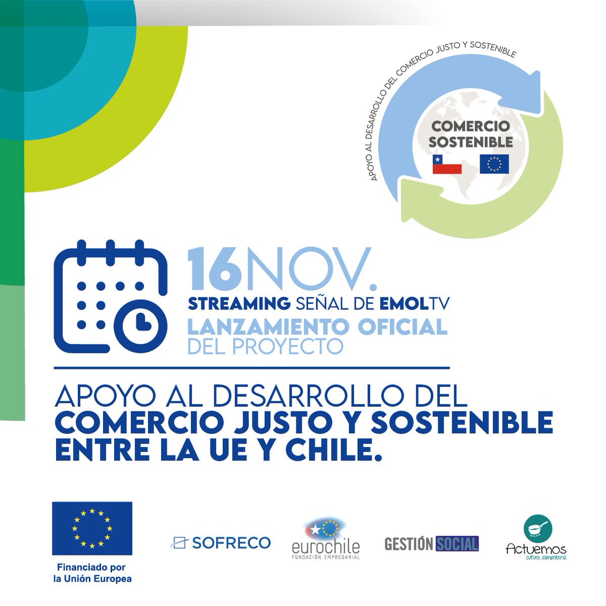 📢Este 16 de noviembre será el lanzamiento oficial del proyecto “Apoyo al desarrollo del comercio justo y sostenible entre la UE y Chile”.

Sigue el streaming desde las 09:30 am por la señal de <a href="/EmolTV/">EMOL TV</a> 📽️tv.emol.com/live