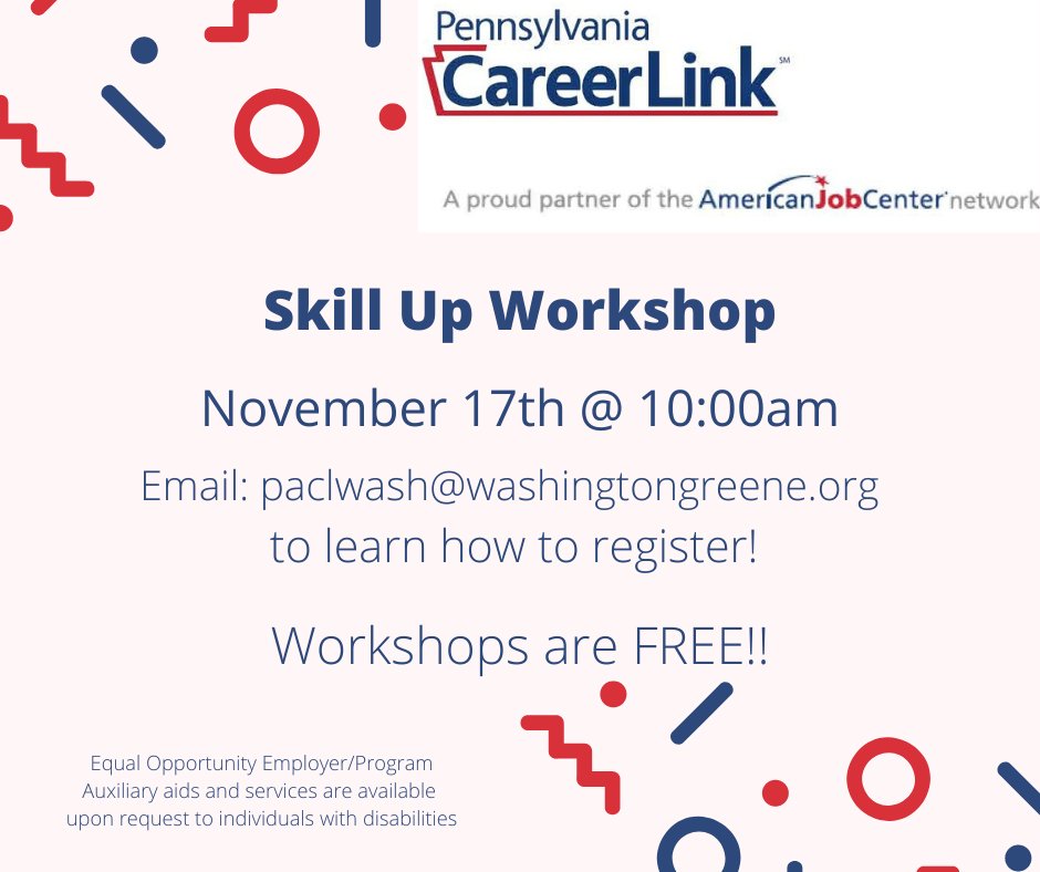 PACLWash's tweet image. Skill Up Workshop  will be here this Thursday!  Visit out website to sign up! pacareerlink.pa.gov #skillup #freeworkshop