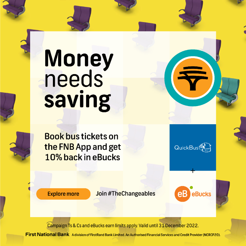 FNBSA's tweet photo. Make this a holiday season to remember. Book QuickBus tickets for your loved ones on the FNB App and earn 10% back in eBucks.
Visit https://t.co/3VQwXQV9oa for more info #eBucks #QuickBus #Win #Save