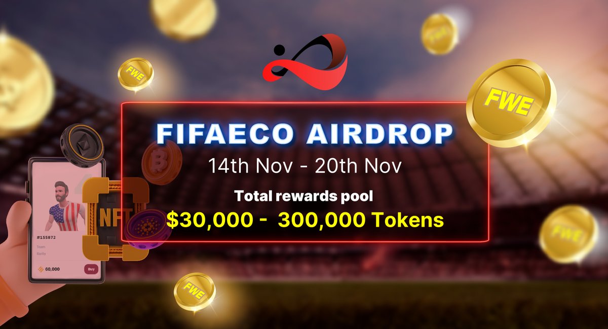 BIG ANN - FIFAECO AIRDROP
⏰ Date and Time: 00:00AM  (UTC) 15 Nov  - 00:00 AM (UTC)  20 Nov 2022 👏

👤 5000 winners will receive rewards of 300,000 Tokens FWE 
 
💰 Total token airdrop pool: $30,000 -  300,000 Tokens 🏆
Join now: fifaeco.com