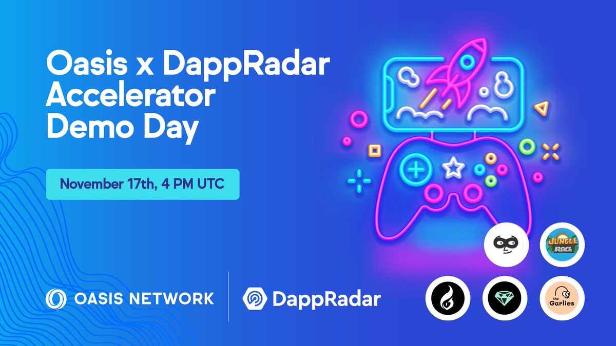 Join us for the Oasis × <a href="/DappRadar/">DappRadar</a> Accelerator Demo Day! 🛠️

Discover and support dApps built on Oasis Network! Don’t miss out on the discussion panel about the impact of blockchain in gaming.

📅 November 17th - 4 PM UTC
🔗 Register at oasisl.ink/3E08xvR