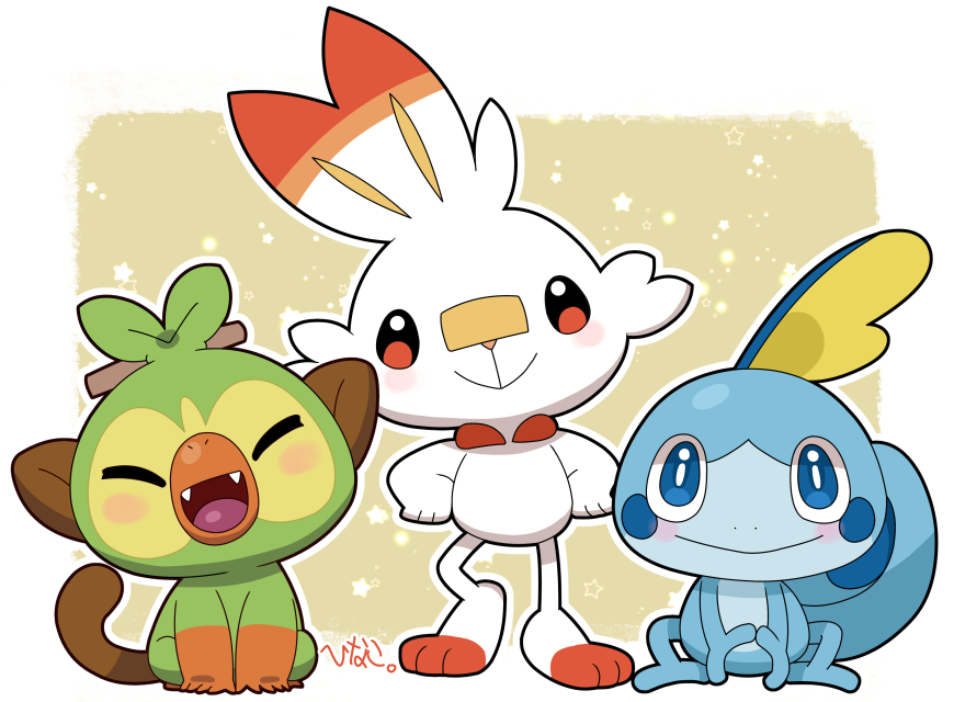 grookey ,scorbunny ,sobble pokemon (creature) starter pokemon trio no humans smile blue eyes closed mouth closed eyes  illustration images