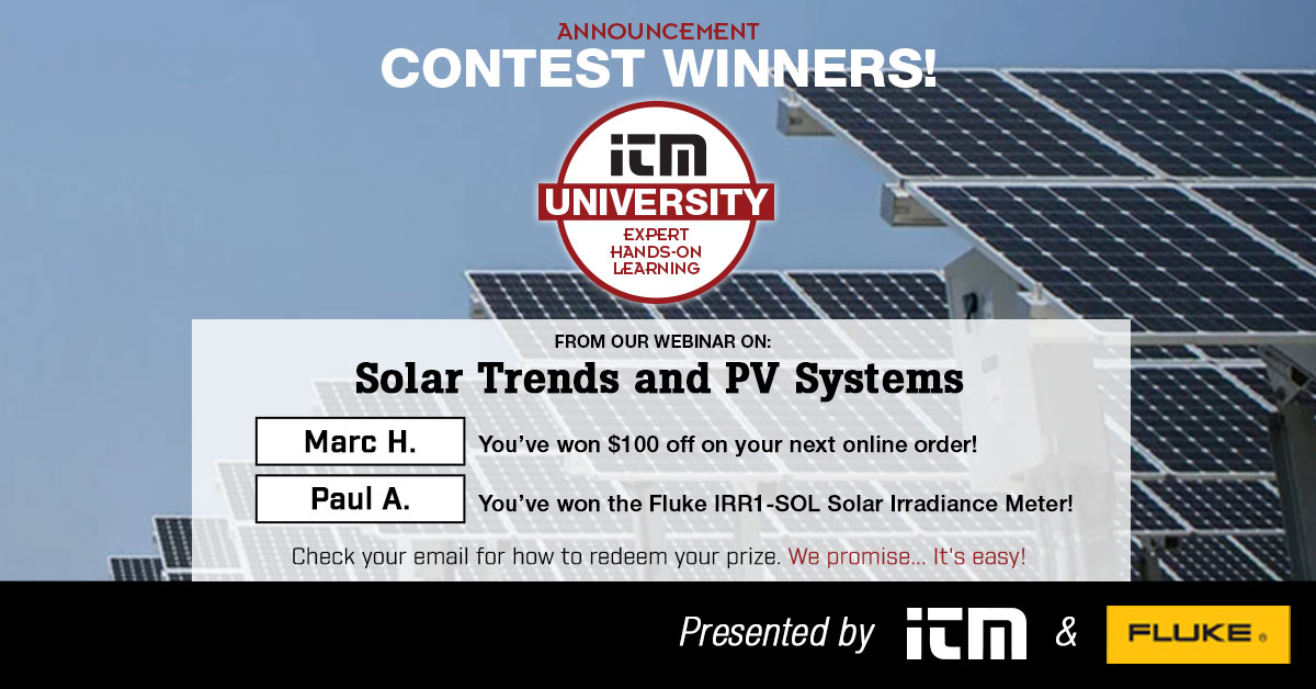 ITMinstruments's tweet image. Thank you to everyone that attended our webinar on Solar Trends and PV Systems. It was a great success!
We’d like to congratulate the winner of the $100… Marc H.! 🎉
We’d like to congratulate the winner of the Fluke IRR1-SOL Solar Irradiance Meter… Paul A.! 🎉
#ITMUniversity