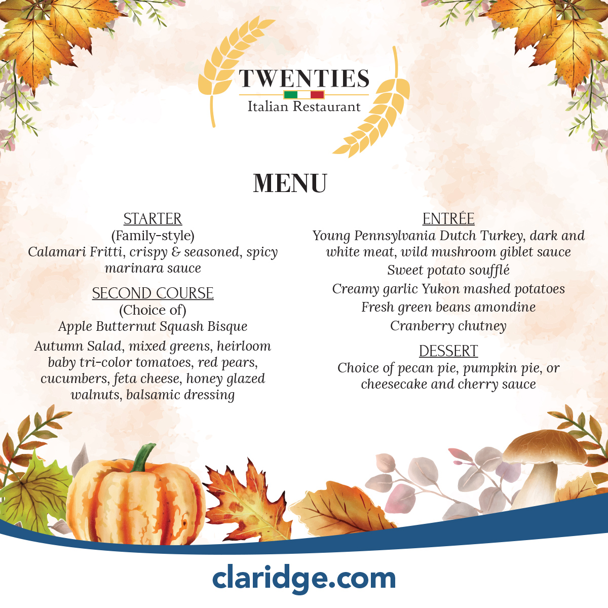 Don't forget to spend your Thanksgiving with us at Twenties Italian Restaurant from 4pm - 9pm! Make your reservation today on OpenTable or by calling 609-487-4373 claridge.com 🦃