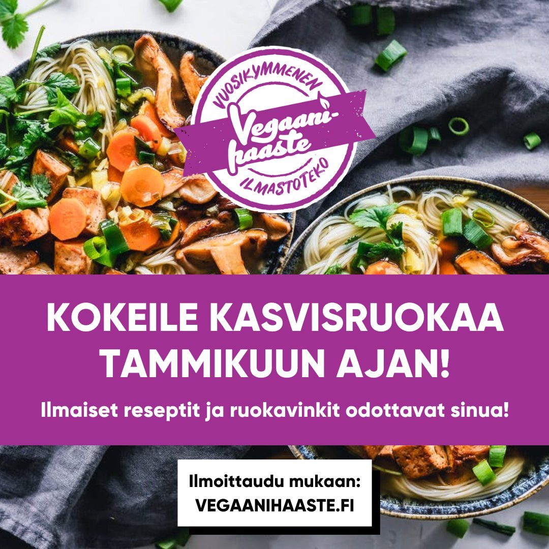 Tammikuun #Vegaanihaaste'en ilmoittautuminen on avattu! Lähde kokeilemaan Suomen suosituinta ruokahaastetta! Luonto, ilmasto ja eläimet kiittävät, kun valitset vegen. 
Pääset nauttimaan uudistetuista resepteistä ja uutiskirjeistä kun ilmoittaudut mukaan: vegaanihaaste.fi