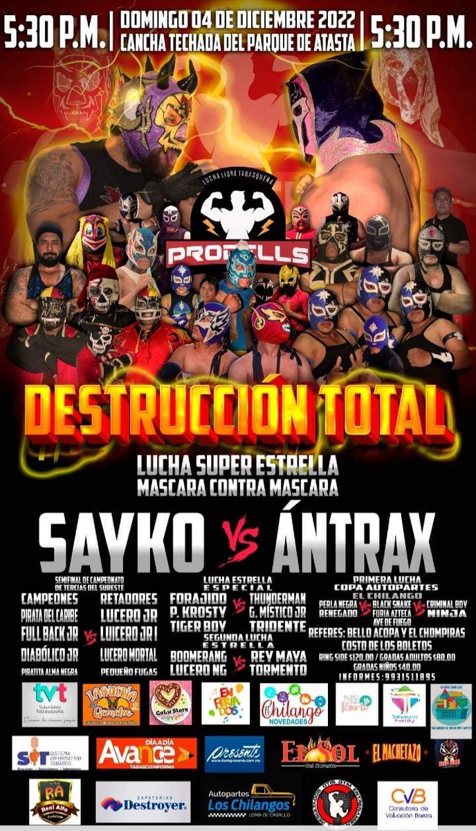 DiarioPresente's tweet photo. #PRODELLS y #GrupoSIT te invitan el domingo 4 de diciembre a la 🤼 #LuchaLibre.                                                                                                                     ¡Te esperamos a las 5:30 p.m. en las canchas techadas del parque de #Atasta 🤼! https://t.co/YZb7XMwZFc