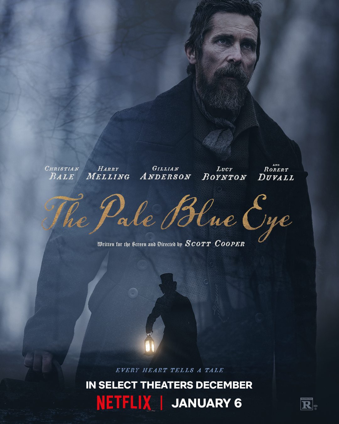 Christian Bale in The Pale Blue Eye poster op Netflix België