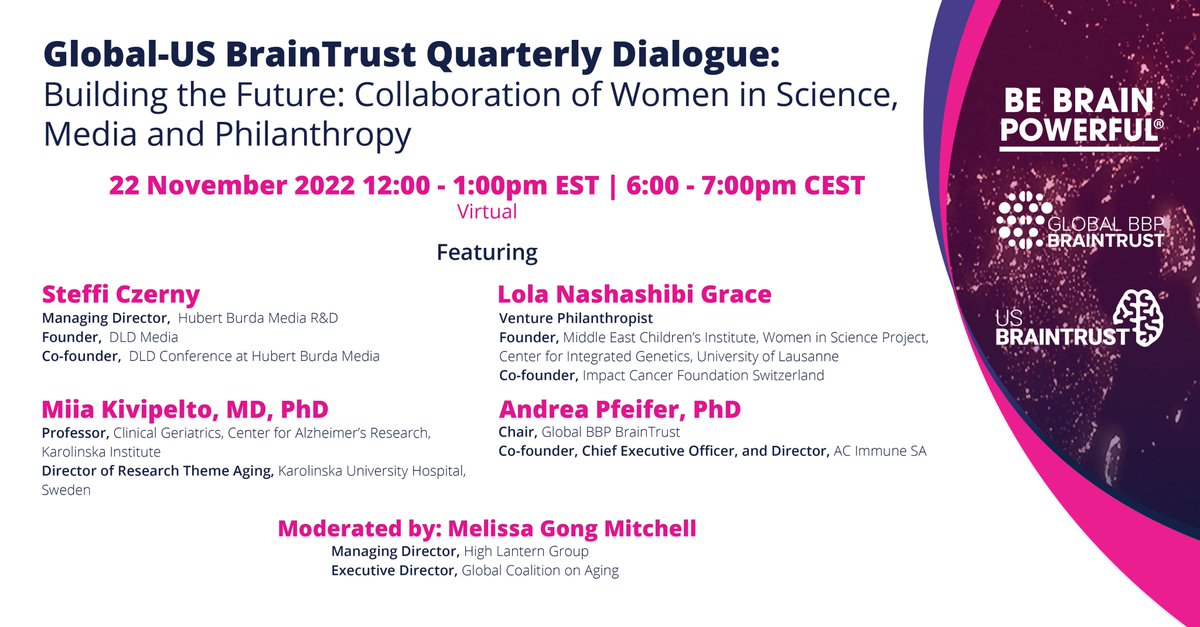 CEOi_Alz's tweet photo. On Nov. 22, 12-1pm ET, the Global BBP BrainTrust will host the dialogue 'Building the Future: Collaboration of Women in Science, Media &amp; Philanthropy.' Speakers will share the latest findings on brain health, research on a vaccine for #Alz, and more. RSVP: https://t.co/D1mbFquzy1 https://t.co/emT64o0CWr