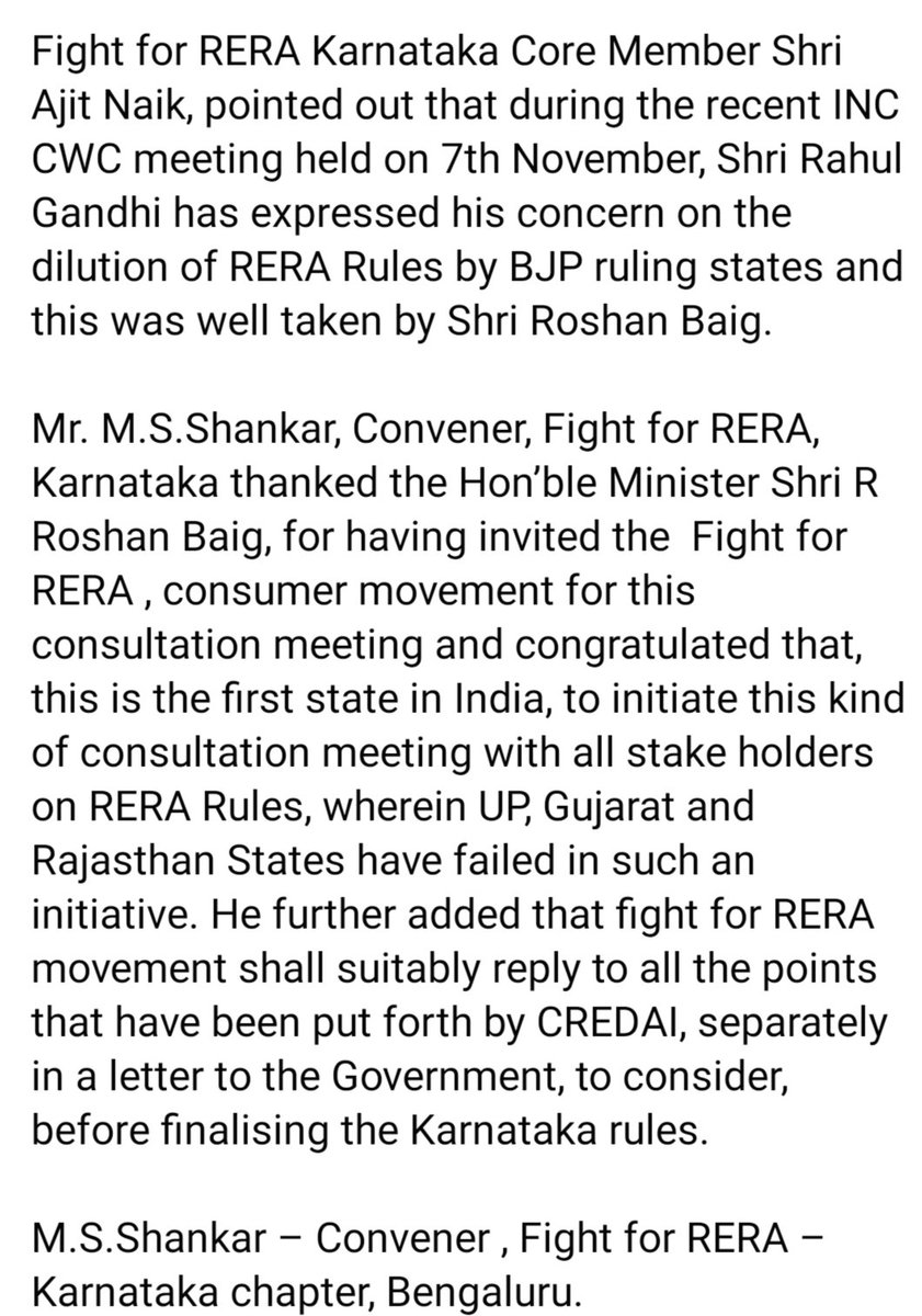FightforReraKar's tweet photo. We @FightForRERAInd just cannot forget our struggle for fair #RERARULES .Our National convenor @abhaykol & Karnataka convenor @msshankar1961 attended the meeting convened by #GOK on 10th Nov 2016 & opposed the Engineered Dilution to #RERA act by Rules in #Karnataka.
..continued 2 https://t.co/ltODVIXADs