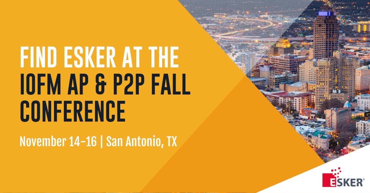 We're at the #IOFM AP P2P Fall Conference and Expo in San Antonio this week! Stop by booth #310 to chat about how Esker's P2P automated platform equips your finance department with the technology they need to be successful.

💻Find more information  here: events.iofm.com/conference-fal…