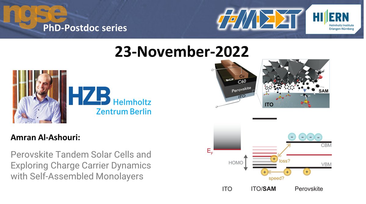 <a href="/AmranLux/">Amran Al-Ashouri</a> will be giving a talk for the #PhdPostdocSeries next week.
Come learn about the use of SAMs in #perovskite and #tandem solar cells.
<a href="/HZBde/">Helmholtz-Zentrum Berlin</a> 

Please RT 🔃
Register at:
fau.zoom.us/webinar/regist…