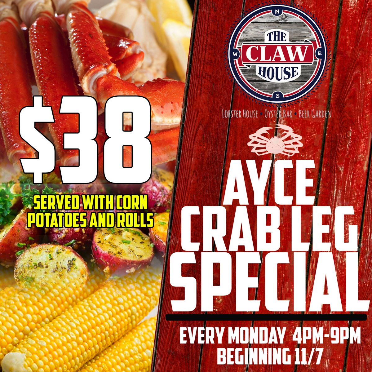 theclawhouse's tweet photo. All-you-can-eat crab legs start tonight at 4 PM.  Get here early! https://t.co/V3KOVObBda