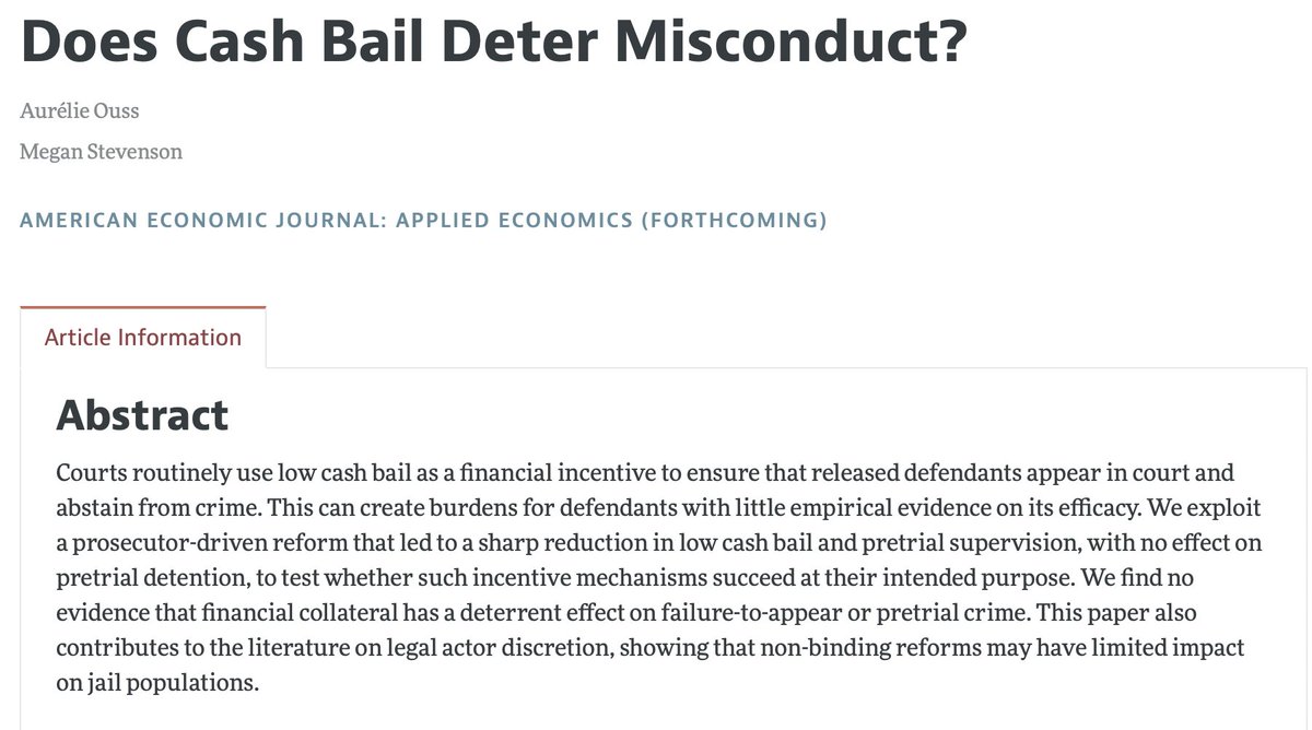 Does cash bail deter misconduct? My colleague, <a href="/AurelieOuss/">Aurelie Ouss</a> &amp; <a href="/MeganTStevenson/">Megan Stevenson</a> have a new paper that addresses this question. They study a reform in Philly which⬇️the use of cash bail but, critically, not detention. More limited use of cash bail didn't compromise public safety.