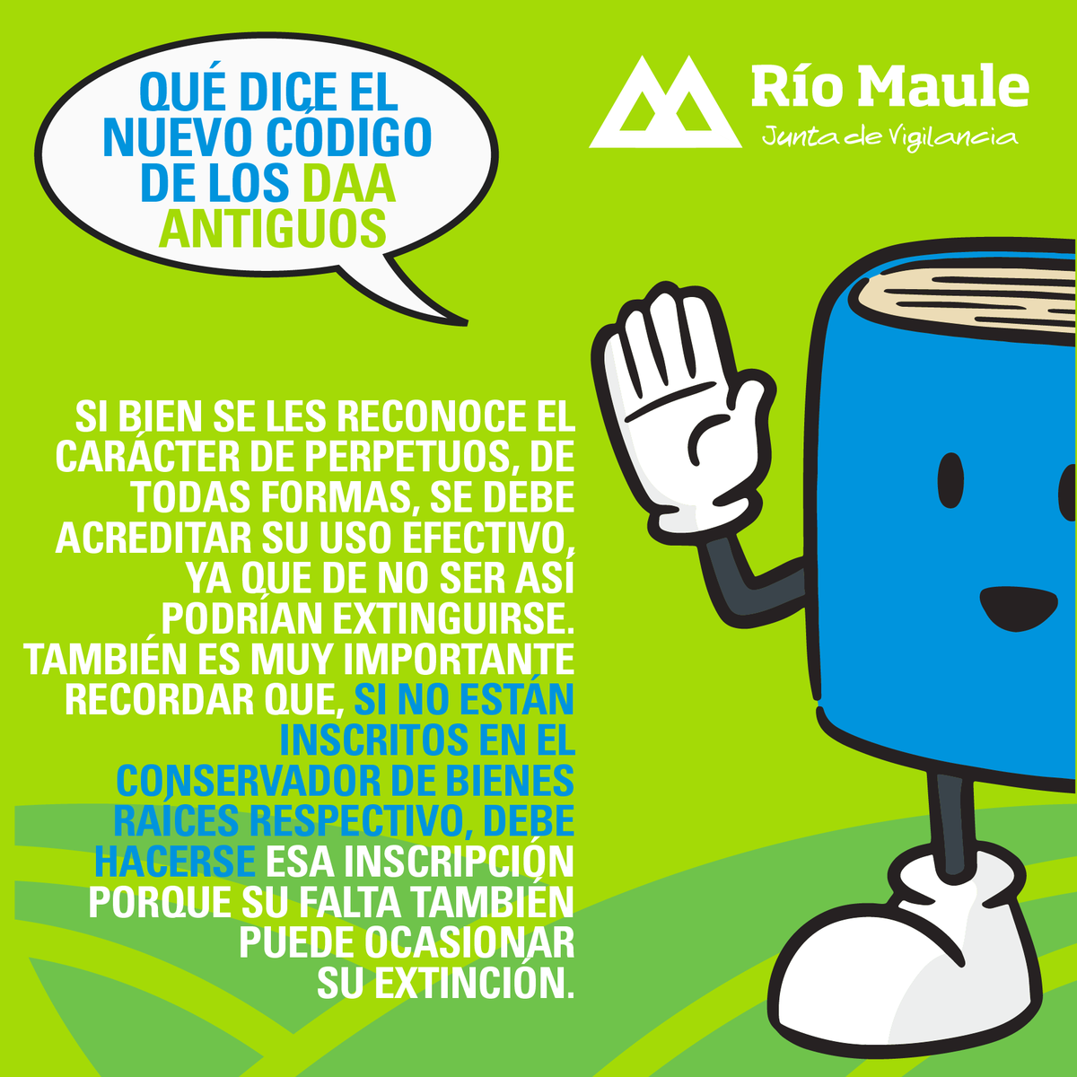 JVMRioMaule's tweet photo. ✳️ Durante algunos días les hemos ido contando sobre el Nuevo Código de Aguas 📖. Hoy queremos que sepan que establece este código sobre los Derechos de Aprovechamiento de Aguas 💦 (DAA) antiguos.
#jvrm #agua #agricultura #riego https://t.co/4eqYgDPYtk