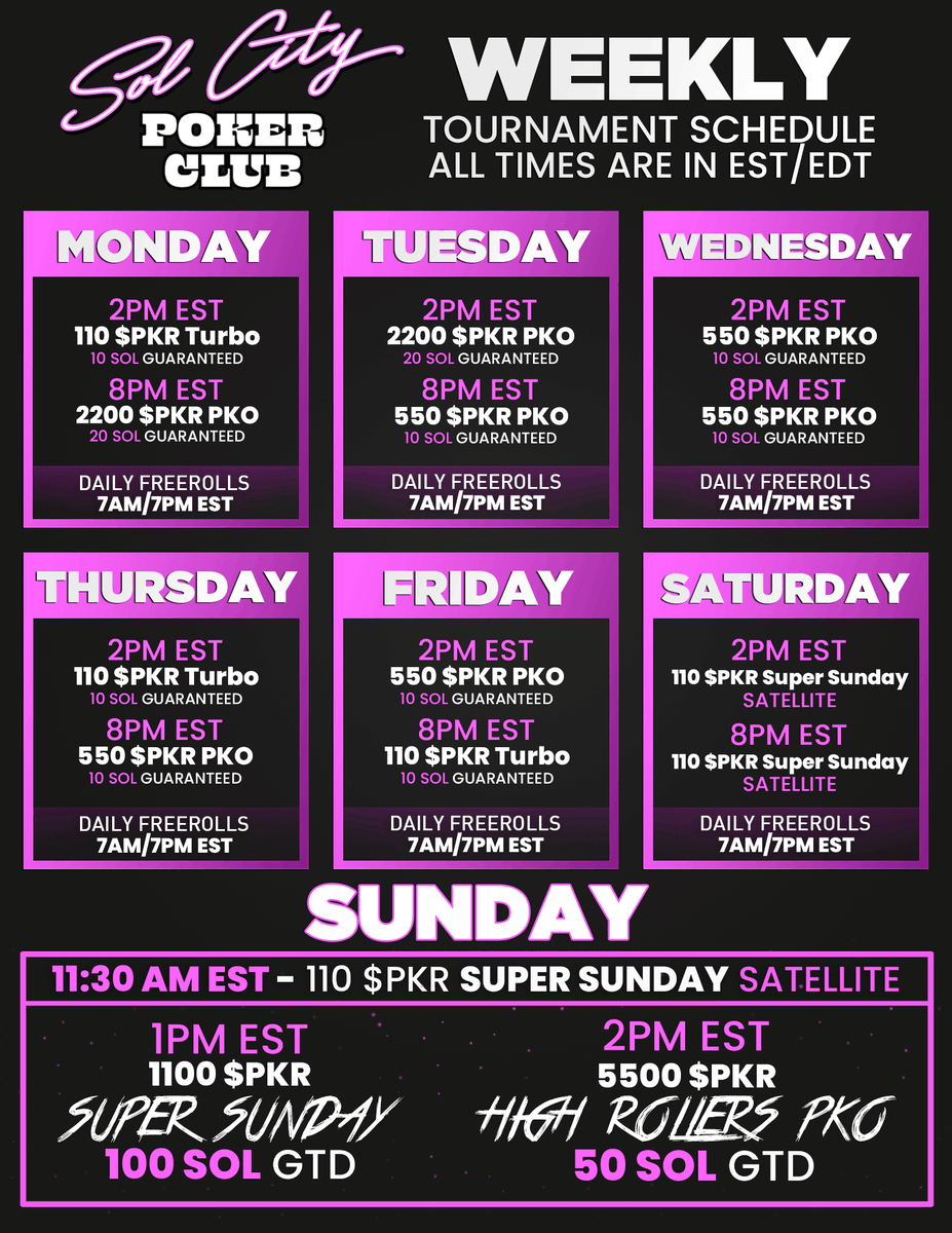 AionPoker's tweet photo. 🚨NEW TOURNAMENT SCHEDULE!!

🎁5 SOL GIVEAWAY! (5 x Super Sunday Tix)

1⃣Like, Follow, RT!
2⃣Join our poker platform👇
https://t.co/4TXXKLYpCB
3⃣Comment your username below! 

💰1 $SOL = 1000 $PKR

#poker #onlinepoker #pokernft #cryptopoker #giveaway #solanapoker #nftgiveaway https://t.co/1ozpHhAeaT