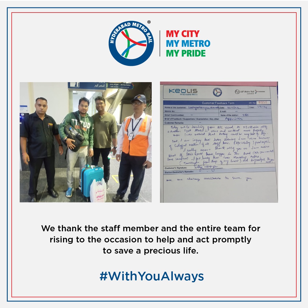 ltmhyd's tweet image. Mr. Satyanarayanan who was travelling via the #Metro complained of excruciating pain in the left arm, started sweating and was unable to move. 
An on-duty security guard observed and immediately informed  his superiors who arranged the passenger to be moved to nearby Hospital.