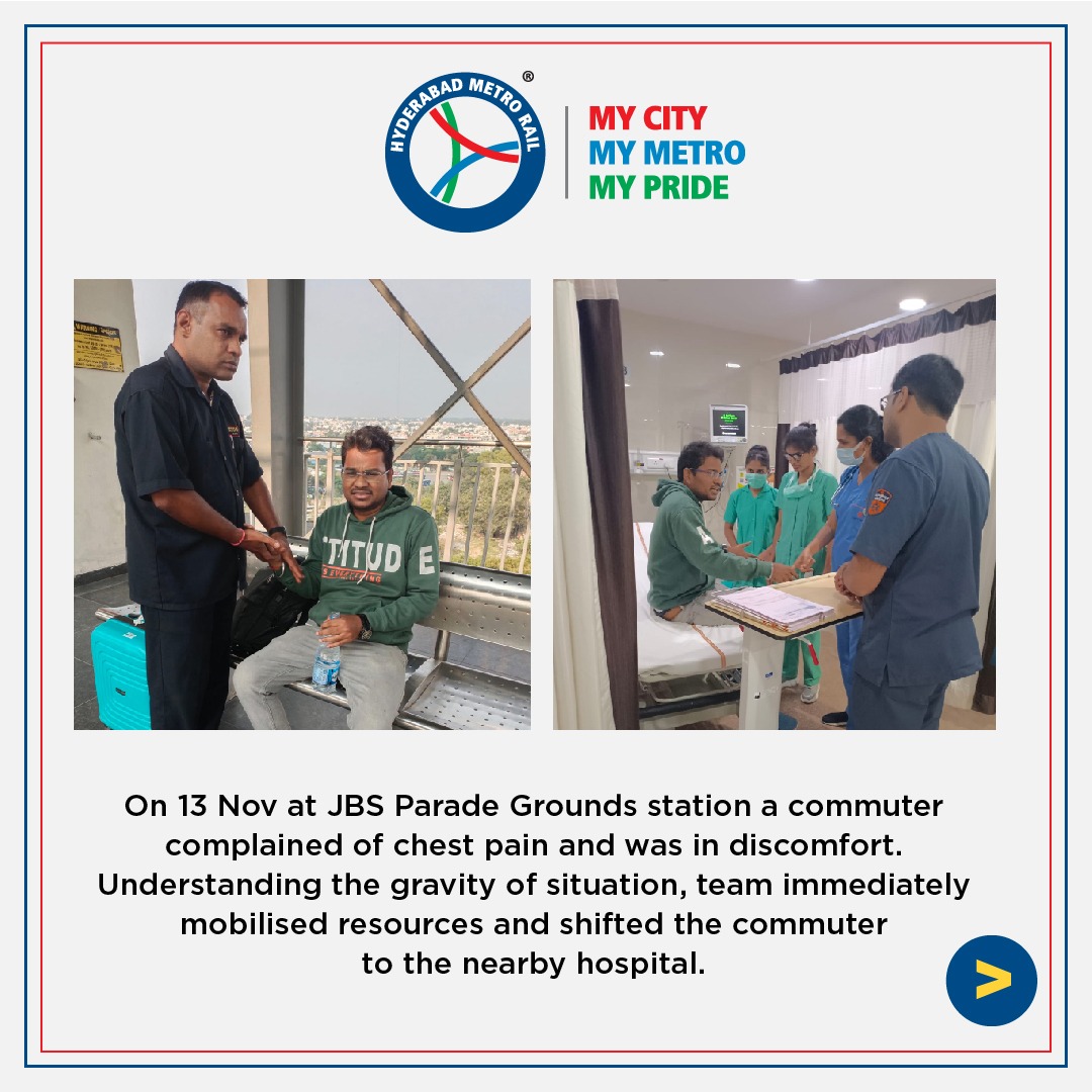 ltmhyd's tweet image. Mr. Satyanarayanan who was travelling via the #Metro complained of excruciating pain in the left arm, started sweating and was unable to move. 
An on-duty security guard observed and immediately informed  his superiors who arranged the passenger to be moved to nearby Hospital.