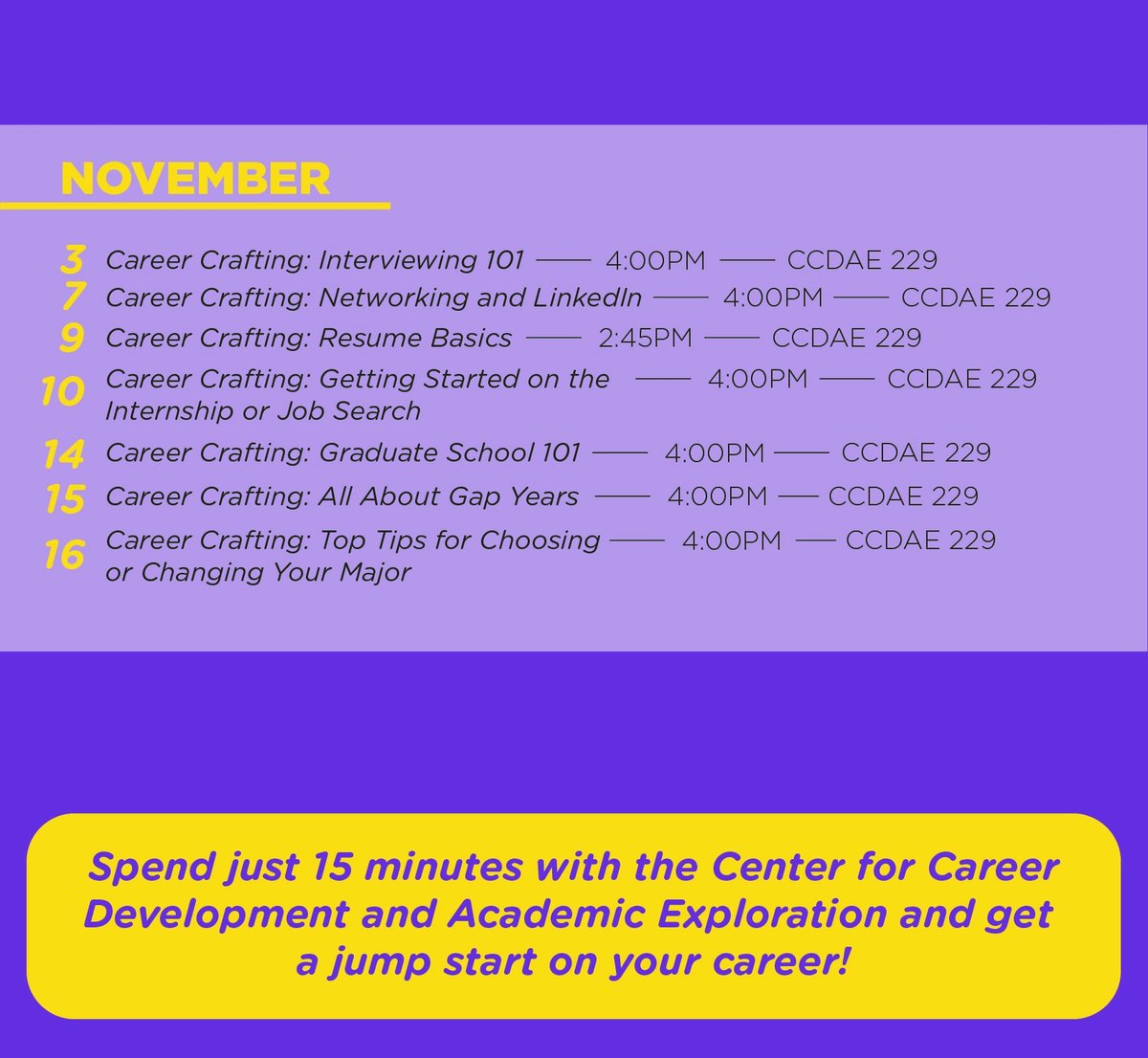 The semester is coming to a close. If anyone is interested in graduate school, come out to our workshop today, where we will get you pointed in the right direction!

Keep an eye out for all upcoming Career Crafting presentations. #utkstudentsuccess