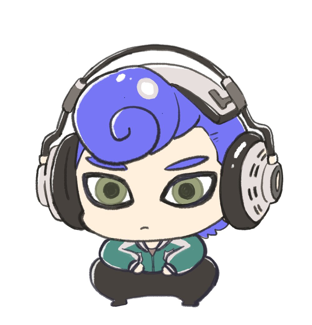 1boy headphones male focus solo blue hair green eyes white background  illustration images