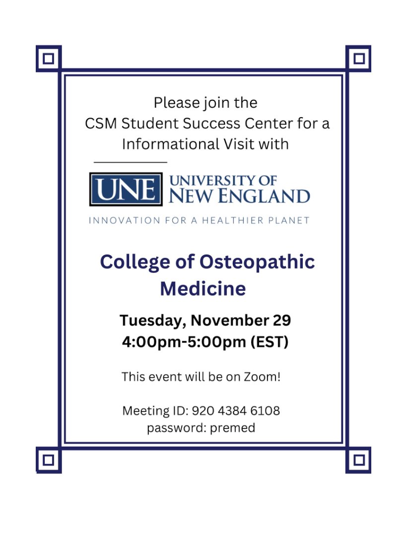 SSC_CSM's tweet image. Please join us at this virtual event to learn all about UNE&apos;s College of Osteopathic Medicine! #premed #premedstudents #csmssc
