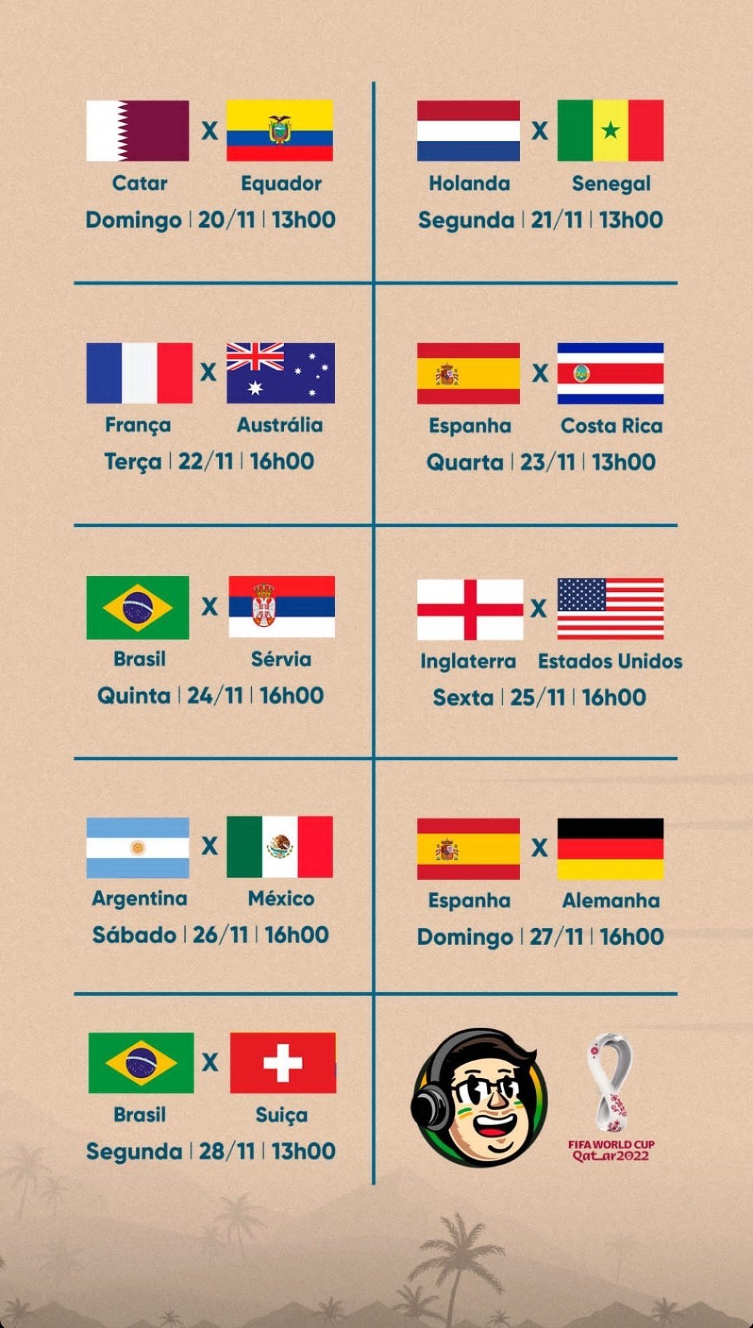 Planeta do Futebol 🌎 on X: Datas e horários de todos os jogos da fase de  grupos da Copa do Mundo. 📸 Divulgação  / X