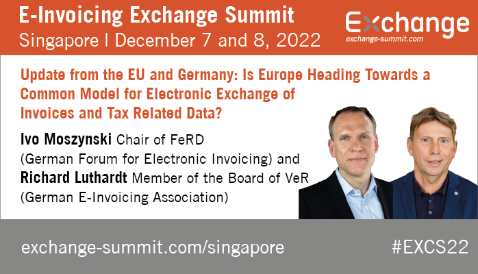 ExchangeSummit's tweet photo. At the E-Invoicing Exchange Summit in Singapore in 3 weeks Ivo Moszynski and Richard Luthardt will give an update on the status of #EInvoicing in the #EU and #Germany. Interested? Join the conference https://t.co/lHPllPHN7e! https://t.co/CiJoDPraFb