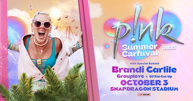 Raise your glass for the hottest show coming to San Diego!  <a href="/Pink/">P!nk</a> is bringing her #summercarnivaltour to <a href="/SnapdragonStdm/">Snapdragon Stadium</a> on Oct 3, 2023 with special guests <a href="/brandicarlile/">Brandi Carlile</a> &amp; <a href="/GROUPLOVE/">GROUPLOVE</a>. Tickets are on saw Mon, Nov 21st at 10am 🎡🛼