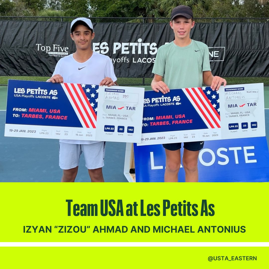 ✌️ #USTAEastern players are Tarbes bound! 🇫🇷
Michael Antonius of Buffalo, NY and Izyan “Zizou” Ahmad of Wayne, NJ have qualified for team USA at <a href="/LesPetitsAs/">Les Petits As - Le Mondial Wilson</a>! Both 12-year-olds will compete in the 14 &amp; under division main draw January 19-29, 2023 🔥