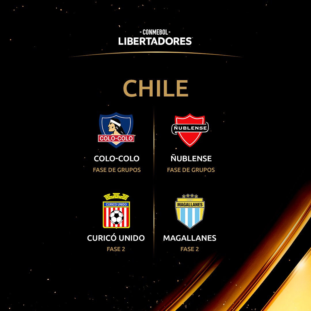 Libertadores's tweet photo. 👋🏼🇨🇱  ¡Los 4⃣ clubes chilenos que estarán en la CONMEBOL #Libertadores 2023!

✅ @ColoColo 
✅ @nublenseSADP 
✅ @curicounidocdp
✅ @ClubMagallanes 

#GloriaEterna https://t.co/i9BtcnUK0t