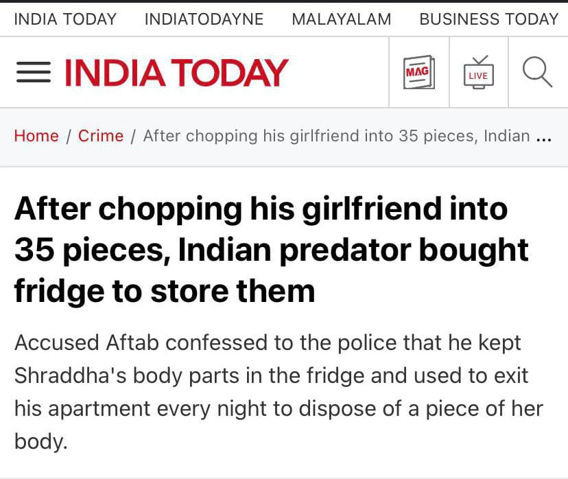 mvmeet's tweet image. Indian predator?

INDIA TODAY is trying its best to whitewash the crime of Aftab by blaming it on Indians!

Amazing journalism!