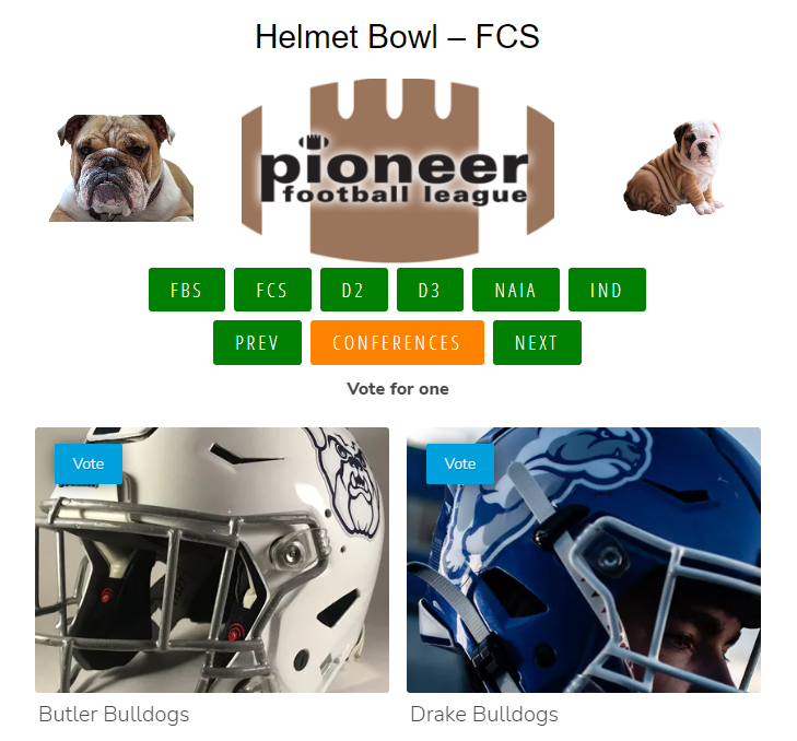 helmettracker's tweet photo. Who's the puppy?  Who's the king?  Vote here: https://t.co/VxehrbVqyF
@DrakeEquip @ButlerUEquip @NCAA_FCS @NCAAD1 @PFLNews @DrakeBulldogsFB
@ButlerUFootball #HB6 #helmetbowl https://t.co/w4w67GPn5h