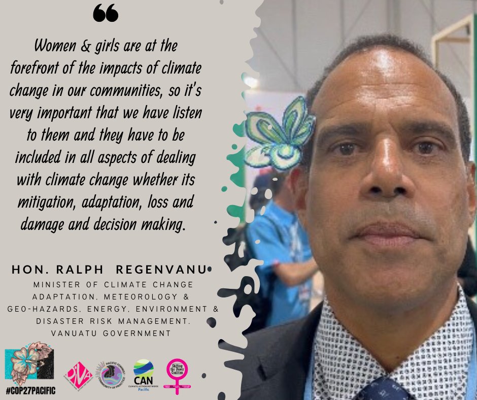pacfemcop's tweet photo. Vanuatu Minister @RRegenvanu shares his message for #GenderDay here at the #COP27. 

"...we have to listen to them and they have to be included in all aspects of dealing with #climatechange whether it's #mitigation, #adaptation, #lossanddamage &amp; #decisionmaking. 

#COP27Pacific https://t.co/GVZJ5e0B4b